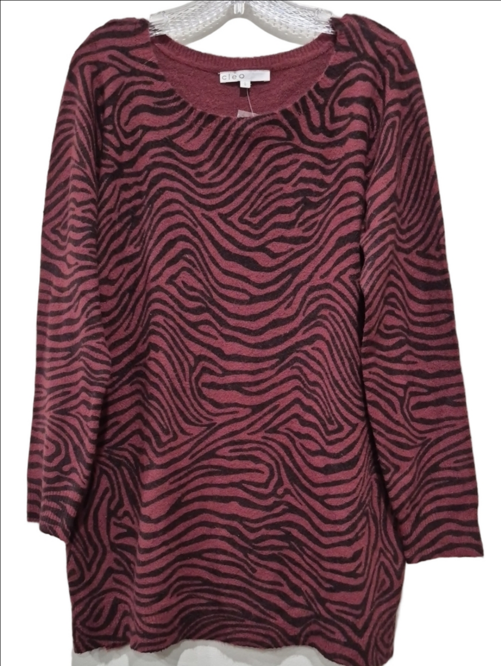 Cleo Dark Burgundy Black Zebra Animal Print Tunic Sweater Large NWT